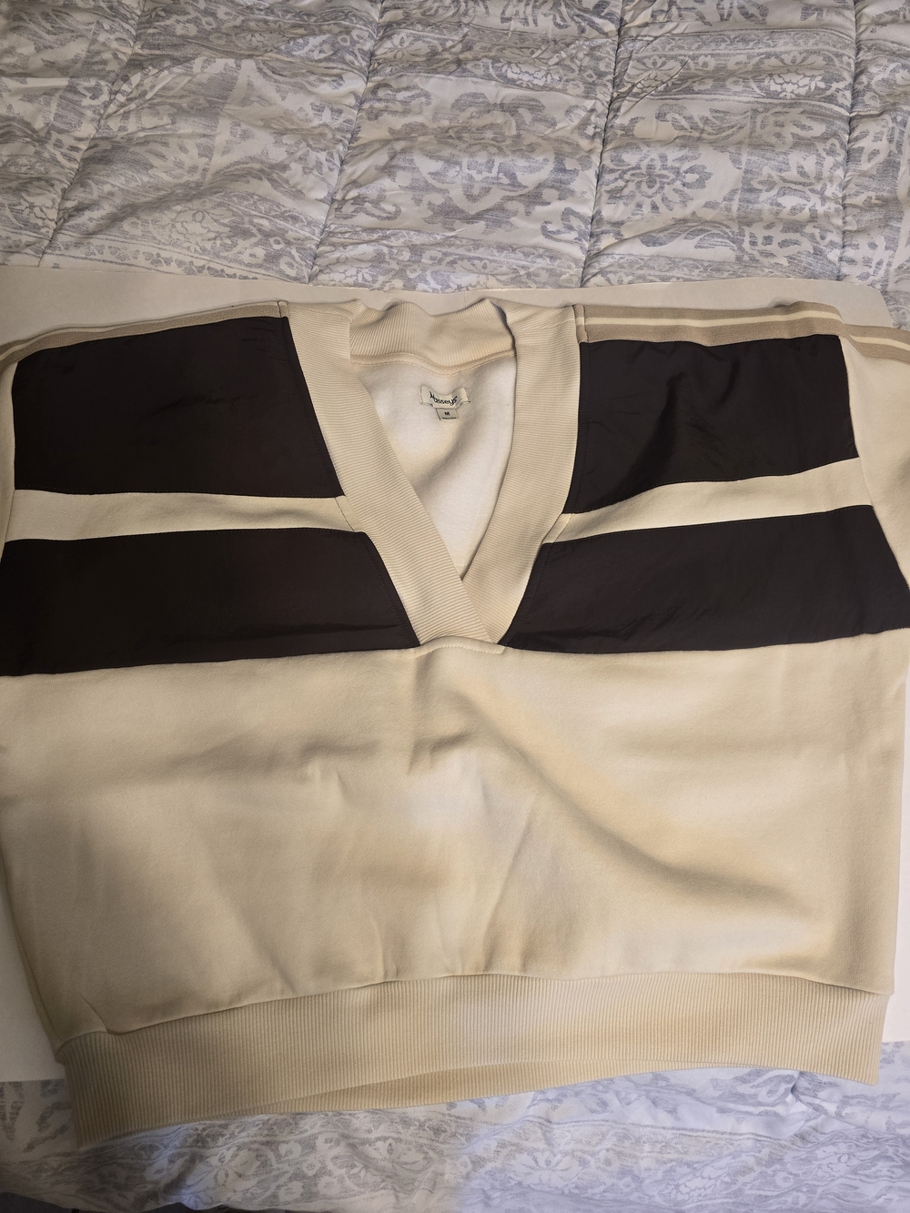 Cream and Dark Brown V-Neck Striped Pullover Sweater